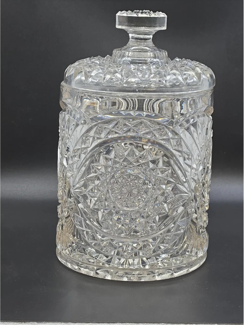 Vintage Imperial Glass Hobstar Roanoke Biscuit Barrel Cracker Jar w/Lid 7.75